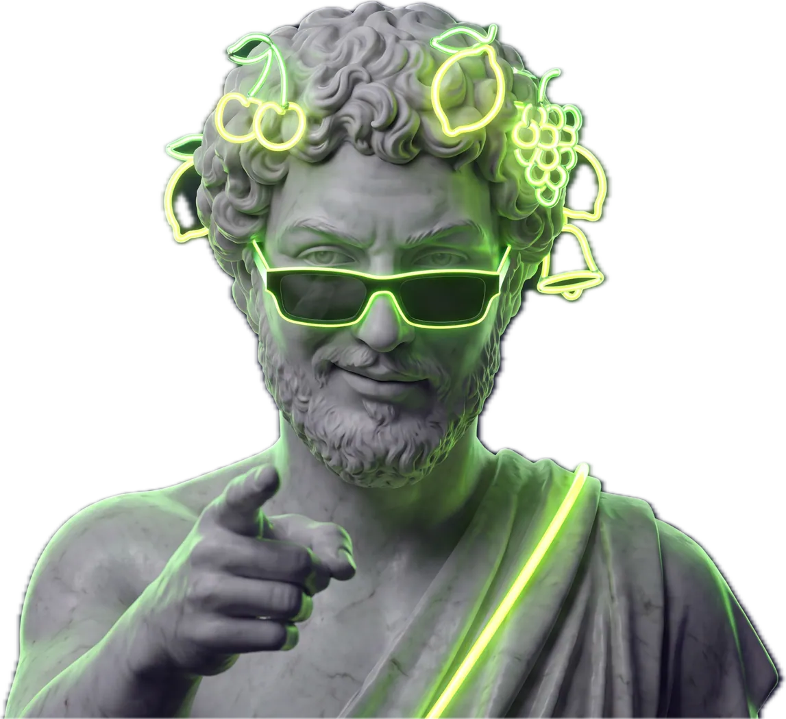 The frut.gr mascot: a marble ancient Greek statue with a neon fruit wreath and sunglasses, pointing at you